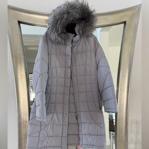 Calvin Klein Gray Puffer Coat with Faux Fur Trim